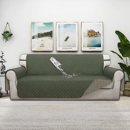 ISSUNTEX Double Protection 100% Waterproof Sofa Covers for Living Room, Couch Covers for 3 Cushion Couch Sofa, Reversible Furniture Protector Sofa Cover for Dogs (Oversized Sofa, Greyish Green/Beige)