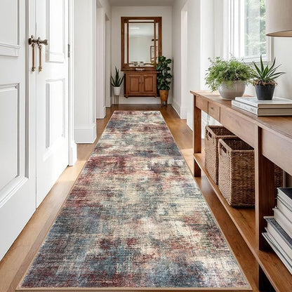 IOHOUZE Abstract Runner Rug 3x12 Ft Washable Runners for Hallways, Non Slip Kitchen Runner Printed Faux Wool Entryway Runner Indoor, Modern Abstract Floor Carpet for Hall Kitchen, Red/Multi