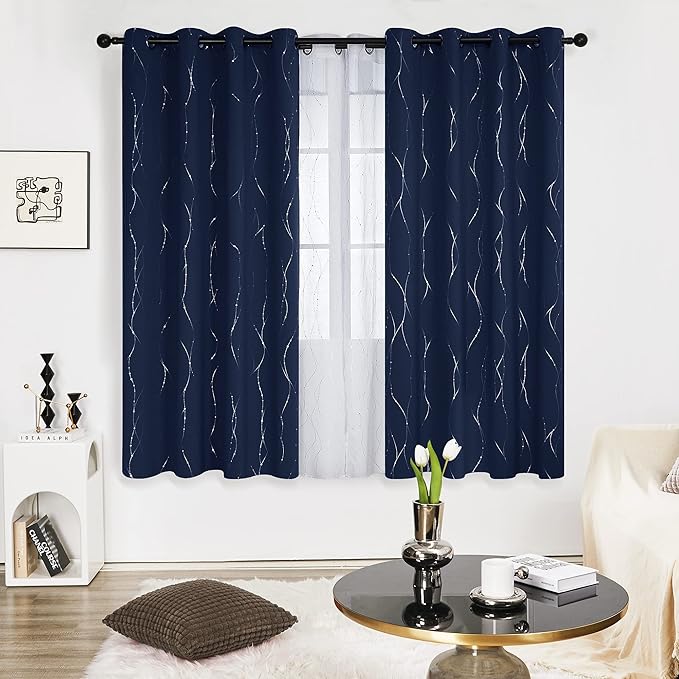Deconovo Navy Blue Curtains, Blackout Curtain for Bedroom, 42 x 72 Inch, Thermal Insulated Soundproof Privacy Drapes with Silver Wave Dots Pattern, Grommet Top, Machine Washable Panel for Living Room