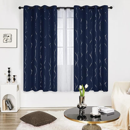 Deconovo Navy Blue Curtains, Blackout Curtain for Bedroom, 42 x 72 Inch, Thermal Insulated Soundproof Privacy Drapes with Silver Wave Dots Pattern, Grommet Top, Machine Washable Panel for Living Room