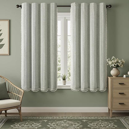 Boho Blackout Curtains 63 Inches Long Sage Green Linen Blend 2 Panels with Tassels and Cotton Embroidery, Farmhouse Vintage Rustic Rod Pocket Drapes for Living Room or Bedroom