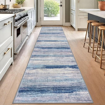 KOZYFLY Modern Abstract Washable Rug Runner 2.6x12 Hallway Rug Runner Non-Slip Soft Kitchen Runner Rugs, Blue/Grey/Beige Striped Carpet for Entryway Bathroom Laundry Room Foyer