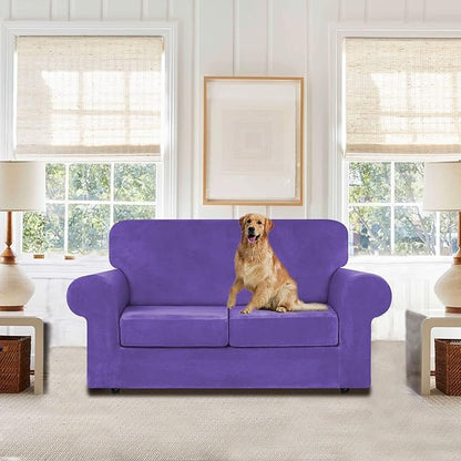 WEERRW Velvet Couch Covers for 2 Cushion Couch Sofa - High Stretch Luxury Velvet Plush 3 Pieces Sofa Slipcovers with Elastic Bottom, Furniture Protector for Pets, Machine Washable, Purple, Medium