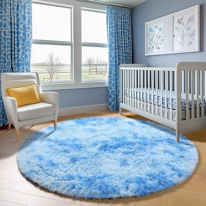 ONASAR Tie-Dye Blue Round Area Rug 4ft, Soft Bedroom Circle Rugs Floor Mats for Kids Girls Teen Room, Kawaii Fluffy Plush Shaggy Carpet for Baby Nursery Living Room Playroom Home Decor