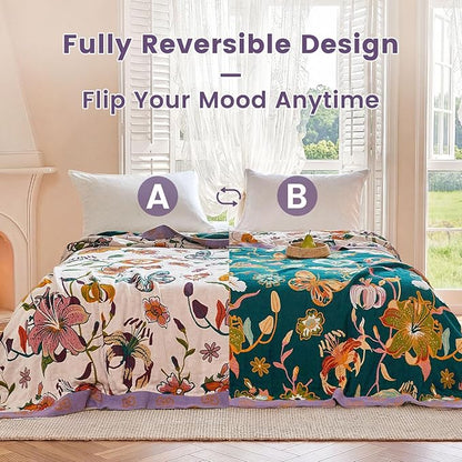 MSGKV Boho Throw Blanket 90"x90" Floral Blanket for Bed 100% Cotton Spring Breathable Lightweight Farmhouse Queen Blankets All Seasons Home Decor Muslin
