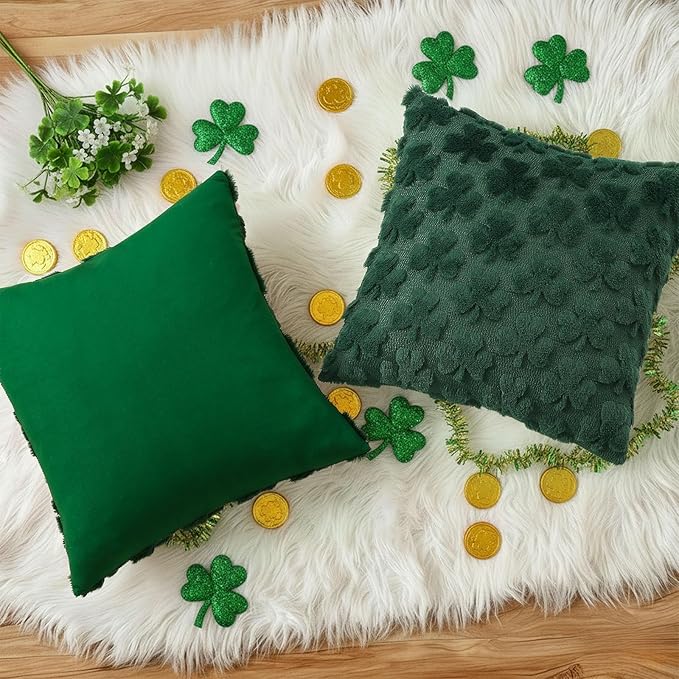 decorUhome St. Patrick’s Day Shamrock Green Pillow Covers 20x20 Inch Set of 2, Soft Plush Faux Wool Throw Pillow Covers, Farmhouse Spring Holiday Decor for Sofa Living Room