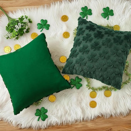 decorUhome St. Patrick’s Day Shamrock Green Pillow Covers 18x18 Inch Set of 2, Soft Plush Faux Wool Throw Pillow Covers, Farmhouse Spring Holiday Decor for Sofa Living Room