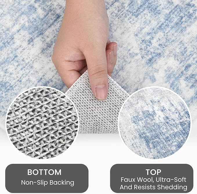 IOHOUZE Abstract Runner Rug 3x10 Ft Washable Runners for Hallways, Non Slip Kitchen Runner Printed Faux Wool Entryway Runner Indoor, Modern Abstract Floor Carpet for Hall Bedroom, Light Blue Grey