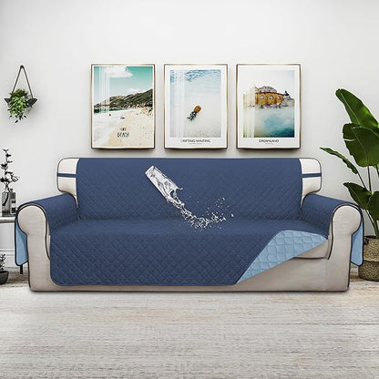 ISSUNTEX Double Protection 100% Waterproof Sofa Covers for Living Room, Couch Covers for 3 Cushion Couch Sofa, Reversible Furniture Protector Sofa Cover for Dogs, Pets (Sofa, Dark Blue/Light Blue)