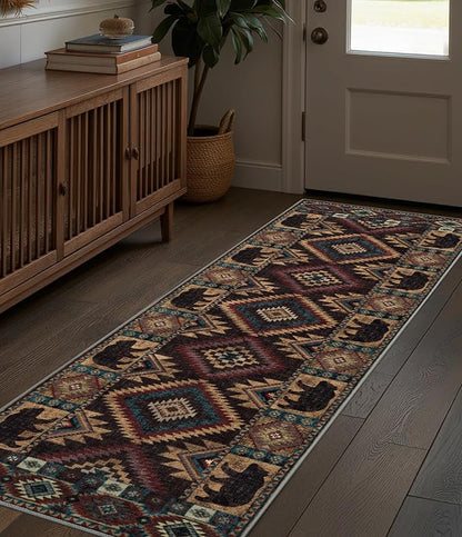 Hallway Runner Rug 2x6 Indoor Door Mat -Western Rug Bear Rustic Cabin Non-Slip Entryway Rug, Low Pile Tribal Print for Kitchen, Bedroom