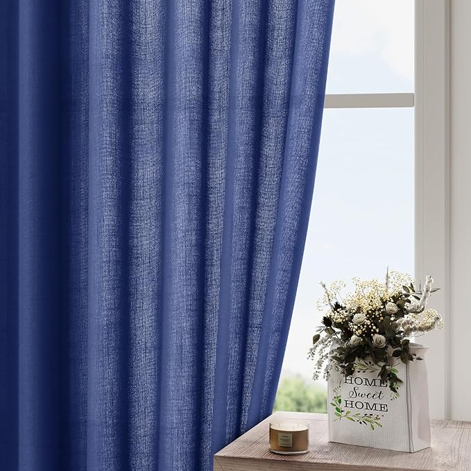 Nanspring Classic Blue Linen Curtains 72 Inch Length for Living Room Semi Sheer Light Filtering Door Drapes 2 Panels Set for Kids Bedroom Light Filtering Back Tab Modern Farmhouse Decor 52x72