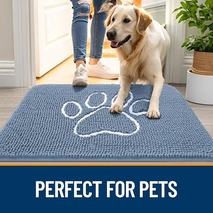 OLANLY Dog Door Mat for Muddy Paws 35x24, Paw Print Design, Absorbs Moisture and Dirt, Non-Slip Washable Doormat, Quick Dry Chenille Mud Mat, Entry Indoor Entryway Carpet, Airy Blue and White