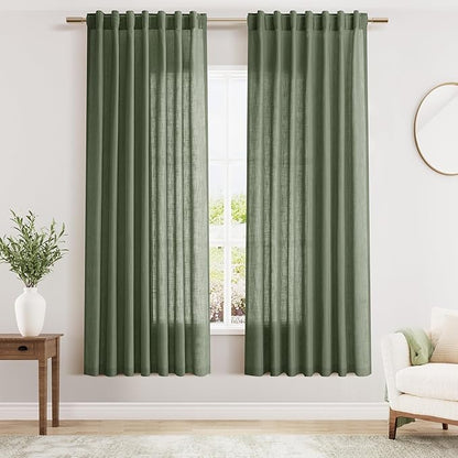 Nanspring Olive Green Linen Curtains for Living Room 2 Panels Set 80 Inch Length Back Tab Light Filtering Semi Sheer Curtain Drapes for Bedroom 52x80