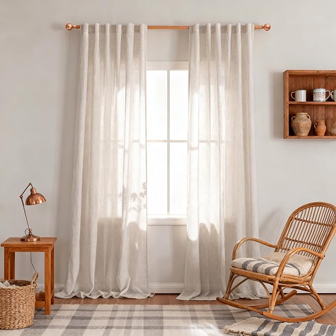 MYSKY HOME Natural Linen Living Room Curtains, Extra Long Semi Sheers Light Filtering Back Tab Privacy Drapes for Patio Pergola Gazebo Soft Nice Vertical Elegant Style, 50 x 120 Inch, 2 Panels