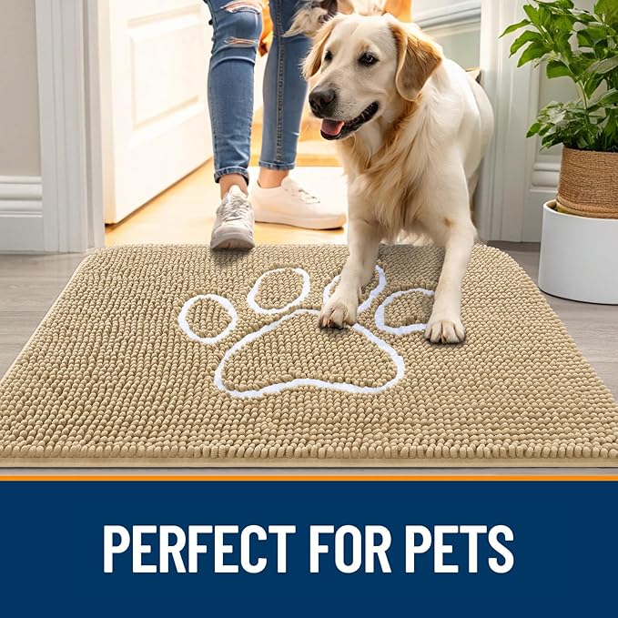 OLANLY Dog Door Mat for Muddy Paws 70x32, Paw Print Design, Absorbs Moisture and Dirt, Absorbent Non-Slip Washable Doormat, Quick Dry Chenille Mud Mat for Dogs, Entry Indoor Entryway Carpet, Beige