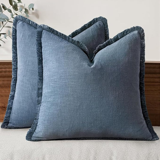 MIULEE Decorative Throw Pillow Covers Neutral Linen Fringe Throw Pillows Set of 2 Blue Ashes Boho Farmhouse Cushion Covers with Tassels for Couch Sofa Bed Spring Home Decor 24x24 Inch