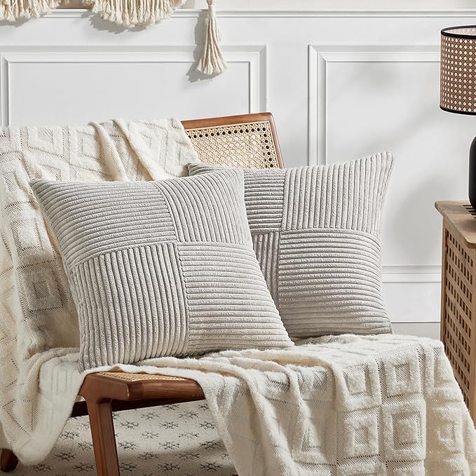 Fancy Homi 2 Packs Neutral Grey Samll Decorative Throw Pillow Covers 14x14 Inch with for Couch Bed Sofa, Rustic Farmhouse Boho Home Decor, Soft Corss Patchwork Corduroy Square Cushion Case 35x35 cm