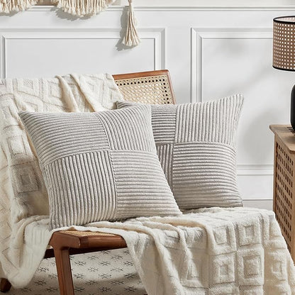 Fancy Homi 2 Packs Neutral Grey Decorative Throw Pillow Covers 16x16 Inch for Living Room Couch Bed, Rustic Farmhouse Boho Home Decor, Soft Corss Patchwork Corduroy Textured Square Cushion Case 40cm