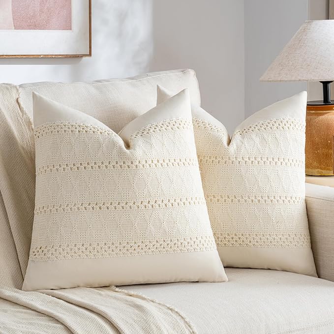 Fancy Homi Set of 1 Boho Cream Decorative Throw Pillow Cover 20x20 Inch for Couch Bed Sofa, Aesthetic Modern Organic Farmhouse Home Decor, Soft Cotton Cute Accent Macrame Woven Cushion Case