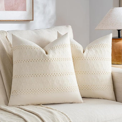 Fancy Homi Set of 1 Boho Cream Decorative Throw Pillow Cover 18x18 Inch for Couch Bed Sofa, Aesthetic Modern Organic Farmhouse Home Decor, Soft Cotton Cute Accent Macrame Woven Cushion Case