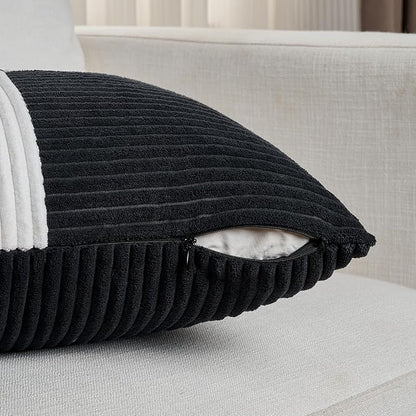 Fancy Homi Set of 2 Black White Decorative Throw Pillow Covers 16x16 Inch for Living Room Couch Bed, Modern Farmhouse Boho Home Decor, Soft Striped Corduroy Textured Square Cushion Case 40x40 cm