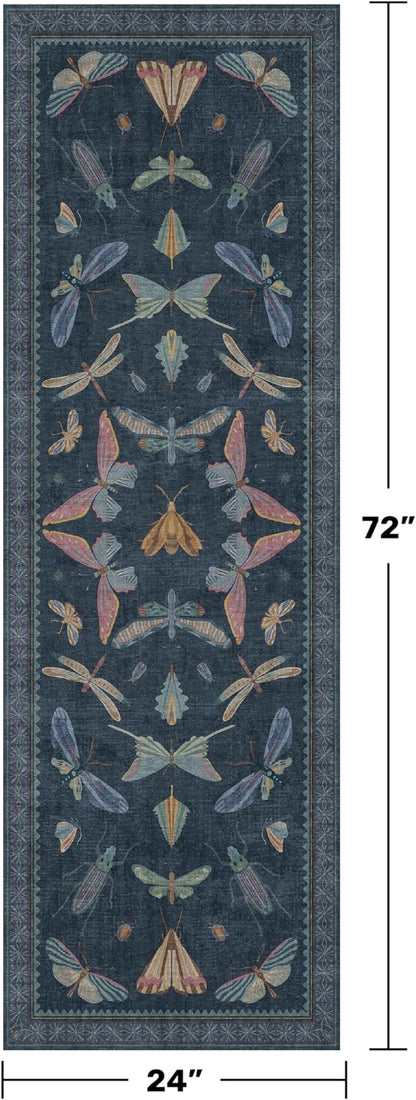 Vintage 2x6 Navy Blue Bathroom Rugs - Washable Insect Runners for Kitchen Floor, Hallway, Low Pile & Soft Non Slip Bedroom Carpet with Rubber Backing, Dark Retro Moth Decor