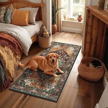 Yamaziot Washable Runner Rug, 2x4 Non-Slip Boho Vintage Hallway Rug Runner with Rubber Backing, Stain Resistant Distressed Carpet Runner for Bedroom, Kitchen, Laundry, Entrance