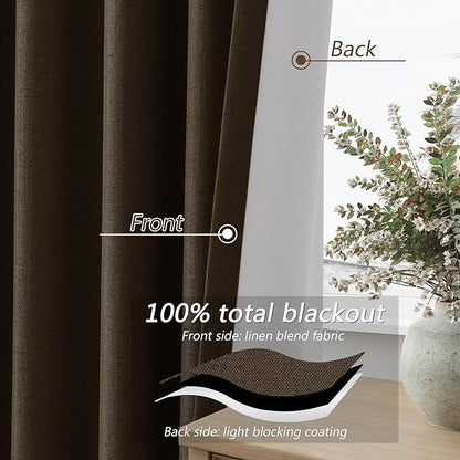 Guken Chocolate 100% Blackout Linen Curtains 102 Inch Length 2 Panels Set for Living Room Bedroom Back Tab/Rod Pocket Thermal Insulated Farmhouse Black Out Drapes Room Darkening,52x102