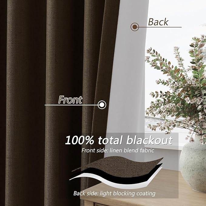 Guken 100% Blackout Curtains 120 Inch Length 2 Panels Set for Living Room Bedroom Back Tab Thermal Insulated Black Out Linen Drapes Room Darkening Chocolate,52x120