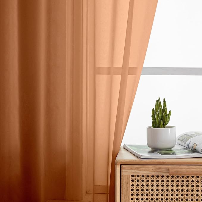 Simplebrand Orange Sheer Curtains 63 Inch Length 2 Panels, Rod Pocket Solid Color Window Sheer Curtain Panels, Elegant Curtains & Drapes for Living Room, Bedroom (42" W x 63" L)