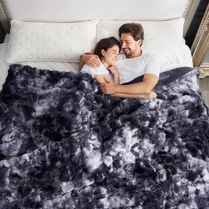 Cozy Bliss Faux Fur Throw Blanket for Bed King Size, Fuzzy Soft Plush Thick Bubble Blanket for Sofa Bedroom Living Room, 108 * 90 Inches Tie Dye Black
