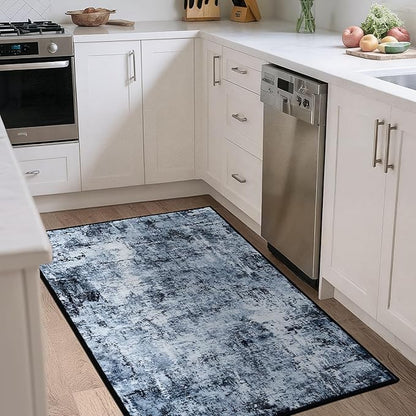 Rugflix 3x5 Entrance Rugs, Entry Rug Washable Non-Slip Stain-Resistant Low Pile Small Modern Dark Carpet, for Living Room Bedroom Indoor, Navy Blue/Black