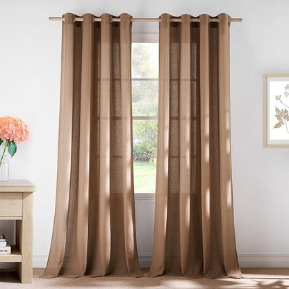 NICETOWN Linen Gold Brown Curtains for Living Room, Rustic Grommet Semi Sheer Linen Blend Privacy Assured with Light Filtering for Living Room/Bedroom, W55 x L96, 2 Panels
