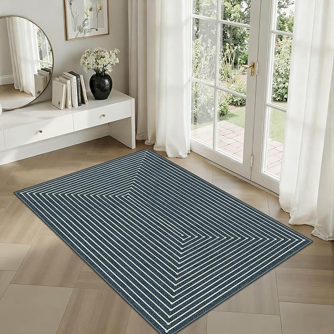 Latte&Fog 2x3 Entryway Rug, Small Modern Abstract Door Mat, Washable Kitchen Rug Samll Rug, Boho Non Slip Low Pile Carpet for Indoor Kitchen, Entry, Front Door and Bathroom - Blue