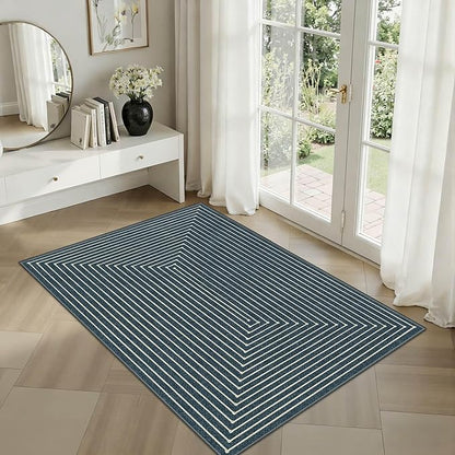 Latte&Fog 2x3 Entryway Rug, Small Modern Abstract Door Mat, Washable Kitchen Rug Samll Rug, Boho Non Slip Low Pile Carpet for Indoor Kitchen, Entry, Front Door and Bathroom - Blue