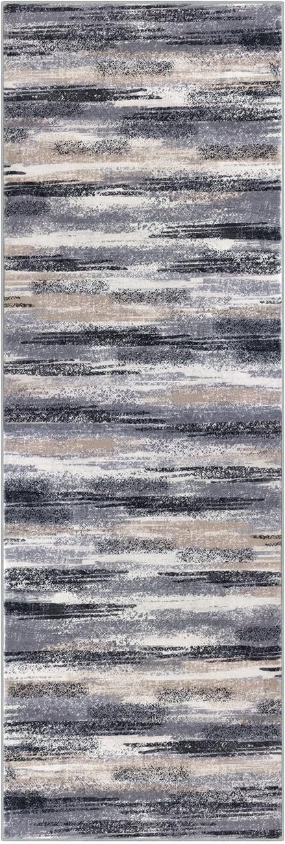Lansny Modern Abstract Runner Rug 2.6x16, Grey Black Multi Washable Long Kitchen Runner Non-Slip Soft Hallway Rug Runner Thin Print Faux Wool Carpet for Entryway Bedroom Laundry Room Indoor Home Decor