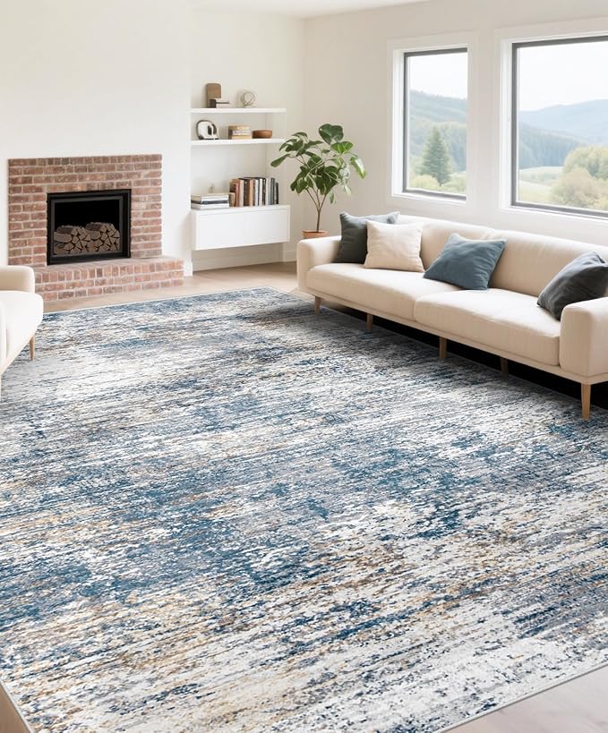 XLUEZ 9x12 Area Rug for Living Room, Washable Modern Abstract Large Area Rug Neutral Soft Non Slip Kids Rug Stain Resistant Indoor Carpet for Bedroom Dining Room Playroom Office(BlueWhite, 9'x12')