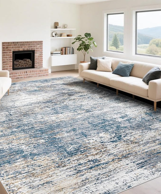 XLUEZ 9x12 Area Rug for Living Room, Washable Modern Abstract Large Area Rug Neutral Soft Non Slip Kids Rug Stain Resistant Indoor Carpet for Bedroom Dining Room Playroom Office(BlueWhite, 9'x12')