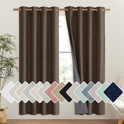NICETOWN Coffee Vintage Linen 100% Blackout Curtains for Living Room, Thermal Insulated Curtains 72" Long, Noise Reducing Window Treatment Drapes for Hall Room, 52" Wide Per Panel, Set of 2