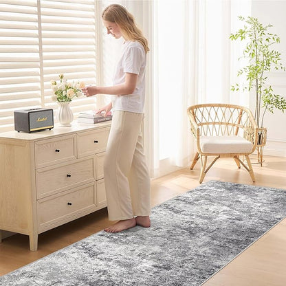 UERMEI 3X8 Washable Runner Rug for Hallway: Soft Neutral Modern Abstract Area Rug - Non-Slip Low Pile Long Throw Indoor Carpet for Kitchen Entryway Kitchen Bedroom Laundry Bathroom - Grey
