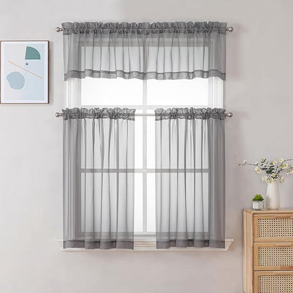 Chyhomenyc Charcoal Grey Sheer Curtains 30 inch Length 2 Panels, Light Filtering Voile Rod Pocket Short Window Curtians for Bathroom Living Room Farmhouse Small Windows, 42Wx30L inches