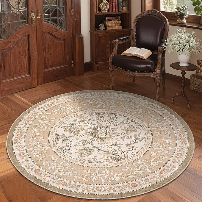 GarveeHome Pinkish Brown Botanical Grove 5ft Round Rug, Small Circle Vintage Cottagecore Soft Low-Pile Non-Slip Washable Rugs for Living Room Bedroom Nursery Kitchen Retro Carpet
