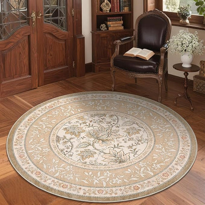 GarveeHome Pinkish Brown Botanical Grove 5ft Round Rug, Small Circle Vintage Cottagecore Soft Low-Pile Non-Slip Washable Rugs for Living Room Bedroom Nursery Kitchen Retro Carpet
