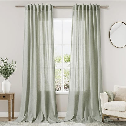 Nanspring Sage Green Curtains 144 Inches Long 2 Panels for Living Room Back Tab Rod Pocket Semi Sheer Linen Drapes Neutral Sage Decor Green Curtain Ceiling to Floor Length for Dining Room 52x144