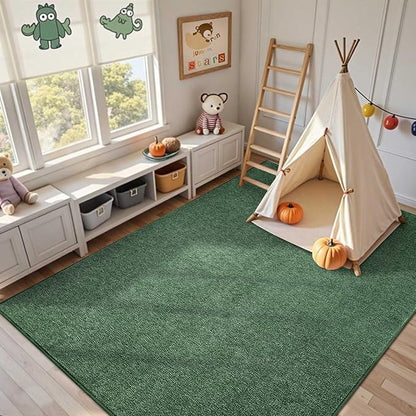 FinRèc 5x7 Washable Area Rugs for Bedroom Living Room, Low Pile Thin Rug Solid Color, Non-Slip Carpet Indoor for Home Decor (Green)