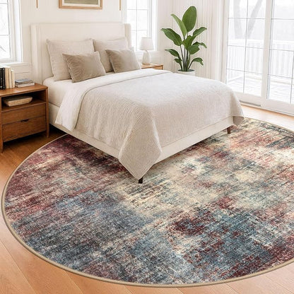 IOHOUZE Abstract Round Area Rug 8 Ft Washable Circle Rugs Large Round Rug Non Slip Thin Soft Circle Rugs, Printed Faux Wool Floor Carpet for Bedroom Living Room Dining Room Nursery, Red/Multi
