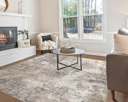UERMEI Square Area Rugs : Washable 8x8 Neutral Modern Abstract Carpet for Living Room Bedroom - Soft Floor Mat with Non Slip Backing for Kitchen Nursery Dorms Farmhouse Home Decor - Brown/Grey/Red