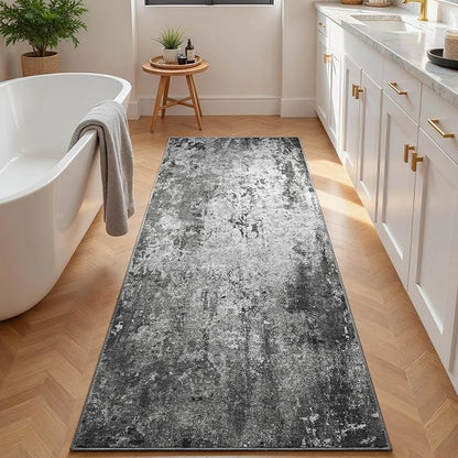 2.6x8 Black Rug Runners for Hallways Kitchen Runner Rug Non Slip Washable Black Long Runner Rugs with Rubber Backing Soft Abstract Carpet Runner for Bedroom, Kitchen, Bathroom, Entryway
