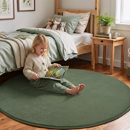 Amearea Sage Green Round Area Rugs 5ft Washable Circle Rugs for Bedroom Living Room, Fluffy Indoor Thickened Memory Foam Rug, Non Slip Minimalist Circular Carpet for Kids Boy Girl Dorm Nursery Room