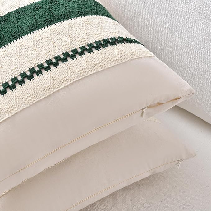 Fancy Homi Set of 1 Dark Green Boho Decorative Throw Pillow Covers 18x18 Inch for Couch Bed Sofa Bedroom Indoors, Modern Farmhouse Vintage Forest Green Living Room Decor